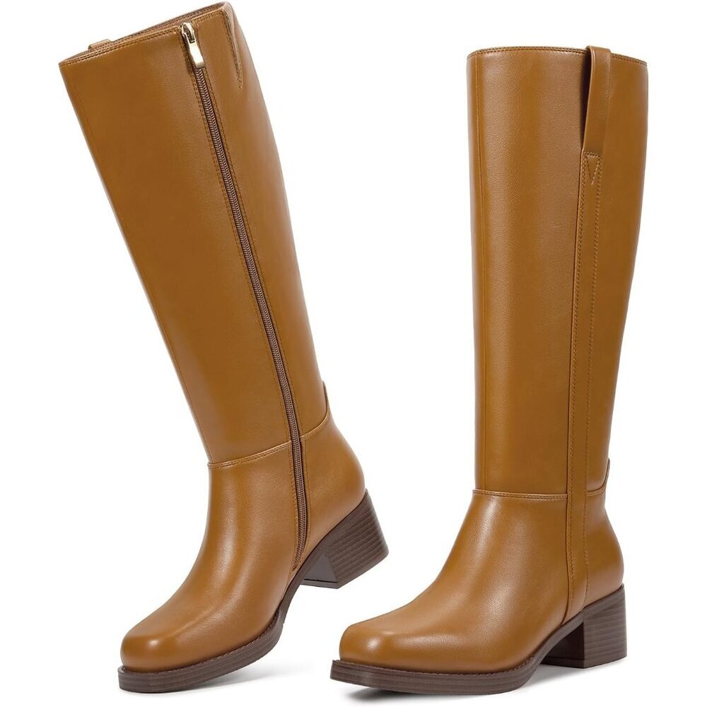 Women’s Camel Knee High Boots Platform Chunky Block Heel Riding Tall Boots